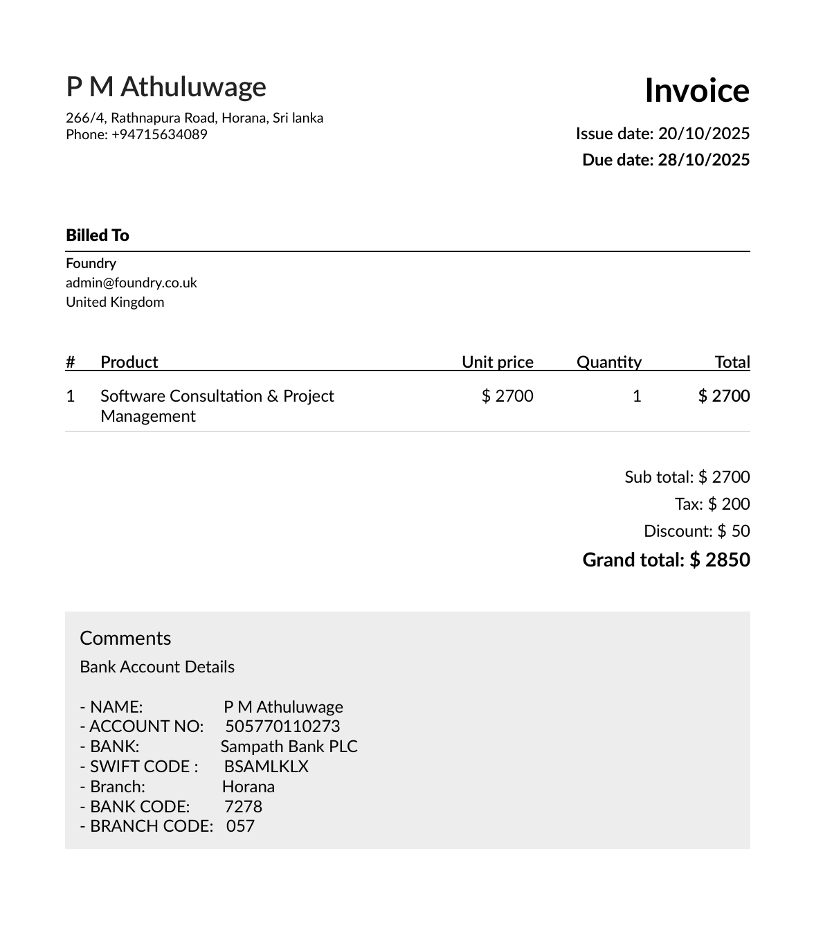 Invoice sample output showing professional formatting